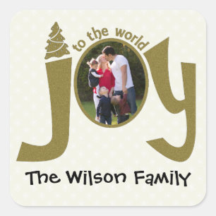 Personalized Photo Glitter Joy to the World Square Sticker