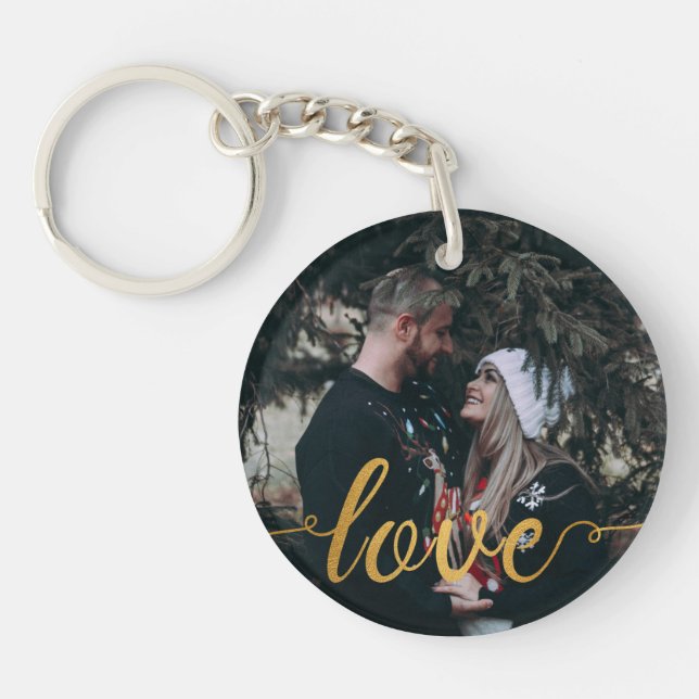 Personalized Photo Gold Calligraphic Love Keychain (Front)