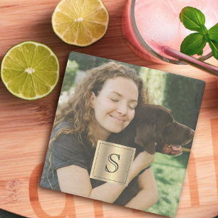 Personalized Photo Gold Frame and Black Monogram Stone Coaster