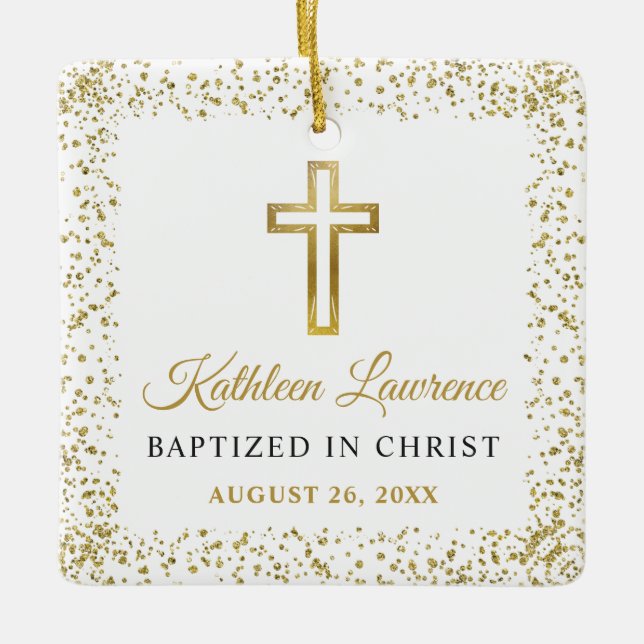 Personalized Photo Gold Glitter Cross Girl Baptism Ceramic Ornament (Front)