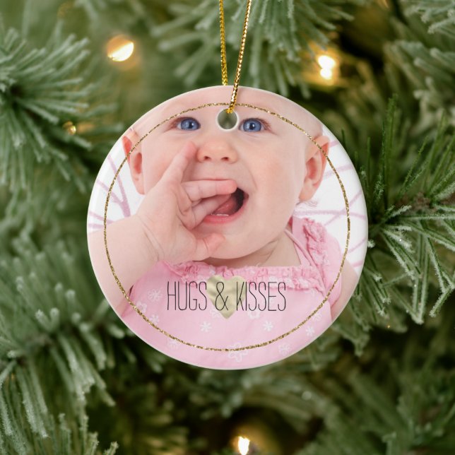 Personalized Photo Gold Glitz Heart Quote Ceramic Ornament (Tree)