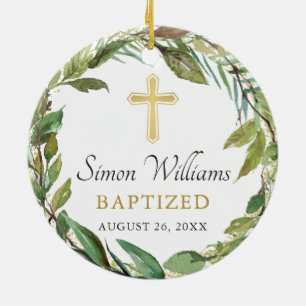 Personalized Photo Gold Greenery Wreath Baptism Ceramic Ornament