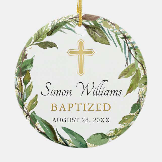 Personalized Photo Gold Greenery Wreath Baptism  Ceramic Ornament (Back)