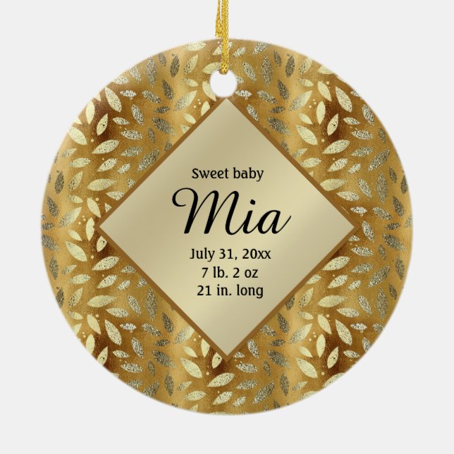 Personalized Photo Gold Leaves Baby Birthday Ceramic Ornament (Back)