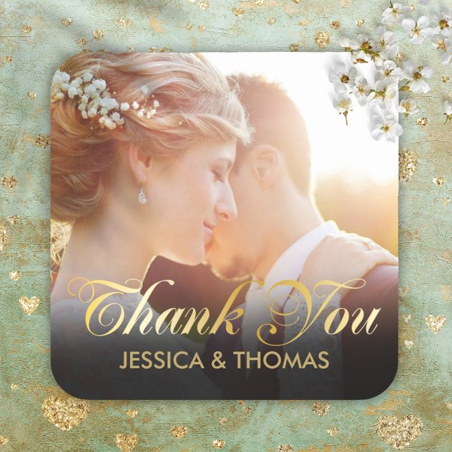 Personalized Photo Gold Script Wedding Thank You Square Sticker (Personalized Photo Gold Script Wedding Thank You Square Sticker)