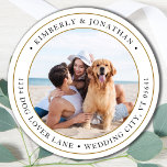 Personalized Photo Gold Wedding Return Address  Classic Round Sticker<br><div class="desc">Add the finishing touch to your wedding invitations with these custom photo, and personalized address labels. Customize with your favourite photo, names, and address. These simple address labels can be used for any and all occasions. COPYRIGHT © 2020 Judy Burrows, Black Dog Art - All Rights Reserved. Personalized Personalized Photo...</div>