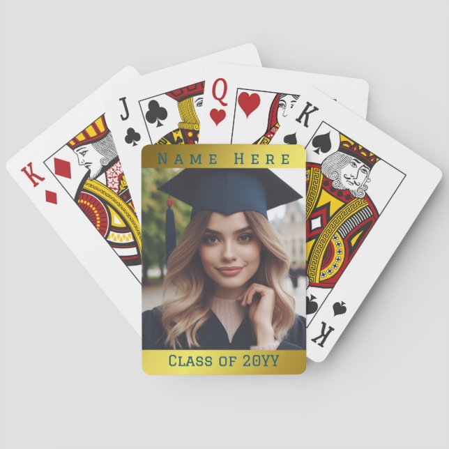 Personalized Photo Graduation Class Name Gold Blue Playing Cards (Back)