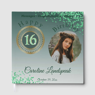Personalized Photo Green Glitter, 16th Birthday Guest Book