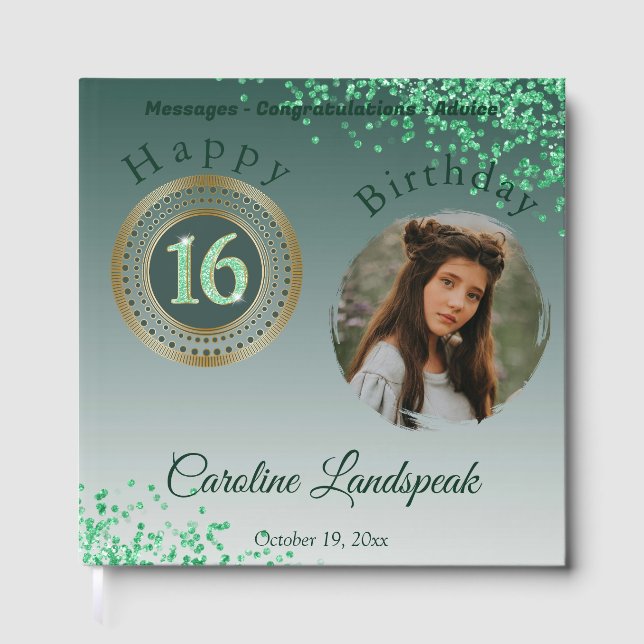 Personalized Photo Green Glitter, 16th Birthday Guest Book (Front)
