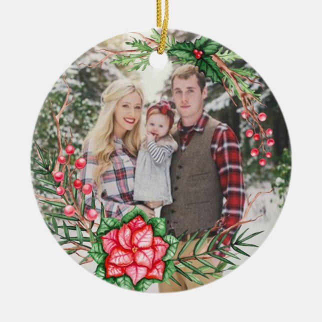 Personalized Photo Greenery Poinsettia Ornament (Front)