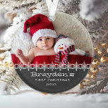 Personalized Photo Grey Babys First  Christmas Ornament<br><div class="desc">Celebrate baby's first Christmas with this cute ornament,  featuring a row of white snowflakes and white text on a charcoal grey background. Personalize it with baby's photo and name in a playful font.</div>
