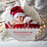 Personalized Photo Grey Red Baby's First Christmas Ornament<br><div class="desc">Celebrate baby's first Christmas with this cute ornament,  featuring a row of white snowflakes and red text on a grey background. Personalize it with baby's photo and name in a playful font.</div>