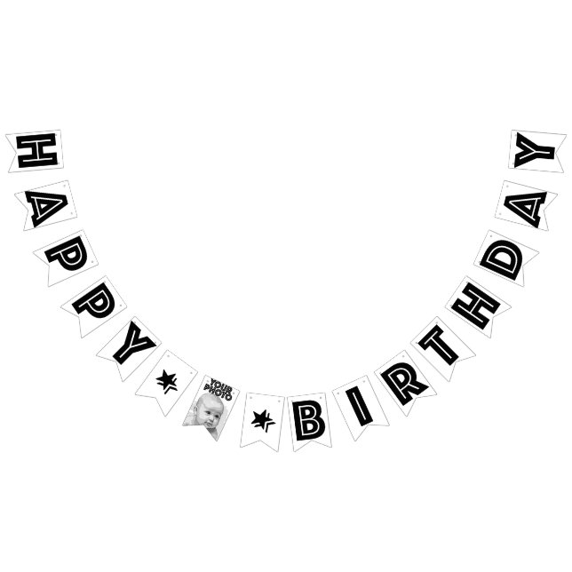 PERSONALIZED PHOTO HAPPY BIRTHDAY Black And White Bunting Flags (All)