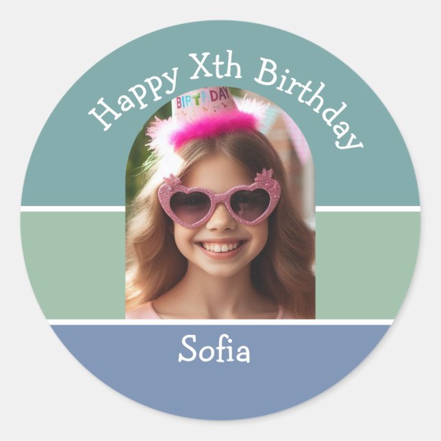 Personalized Photo Happy Birthday Name Any Age  Classic Round Sticker (Front)