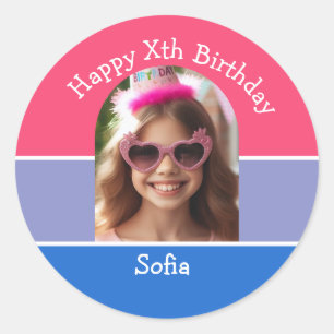 Personalized Photo Happy Birthday Name Any Age  Classic Round Sticker