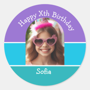 Personalized Photo Happy Birthday Name Any Age  Classic Round Sticker