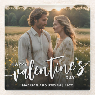 Personalized Photo Happy Valentine's Day Elegant Glass Coaster