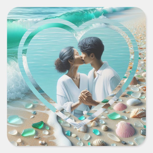 Personalized Photo Heart Beachy  Square Sticker (Front)
