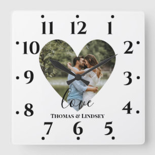 Personalized Photo Heart Frame Modern Calligraph Square Wall Clock