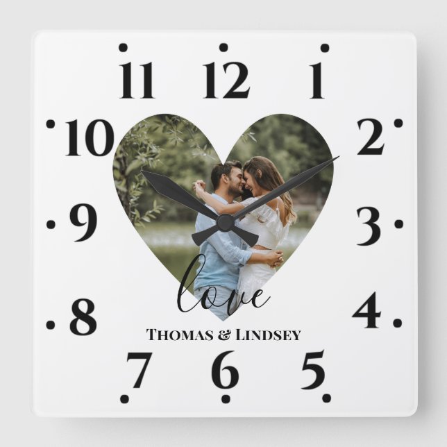 Personalized Photo Heart Frame Modern Calligraph Square Wall Clock (Front)