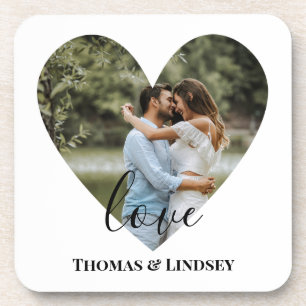 Personalized Photo Heart Frame Modern Calligraphy Coaster