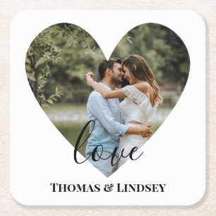Personalized Photo Heart Frame Modern Calligraphy  Square Paper Coaster