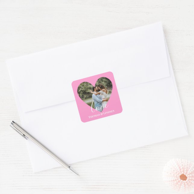 Personalized Photo Heart Frame Modern Calligraphy  Square Sticker (Envelope)