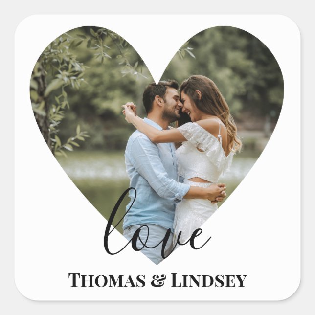Personalized Photo Heart Frame Modern Calligraphy Square Sticker (Front)