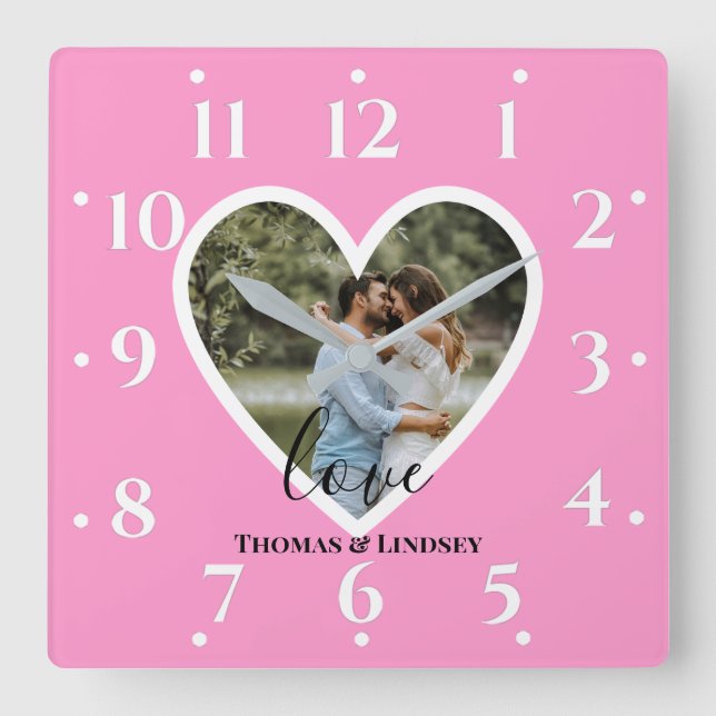 Personalized Photo Heart Frame Modern Calligraphy Square Wall Clock (Front)
