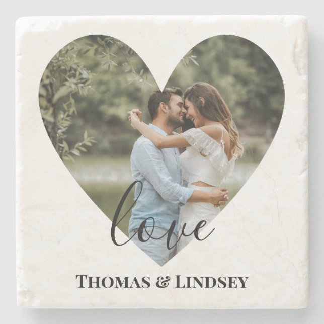 Personalized Photo Heart Frame Modern Calligraphy Stone Coaster (Front)