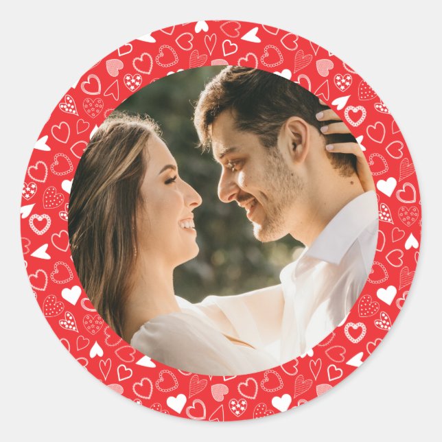 Personalized photo Hearts pattern Classic Round Sticker (Front)