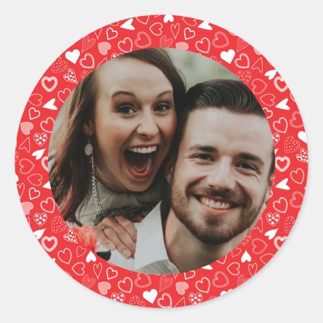 Personalized photo Hearts pattern red  Classic Round Sticker (Front)