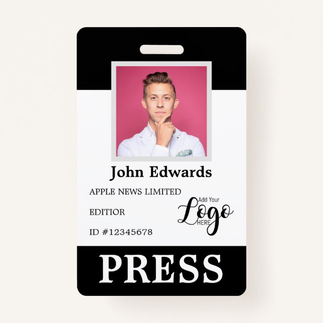 Personalized Photo ID & Logo Journalist Press Pass Badge (Front)