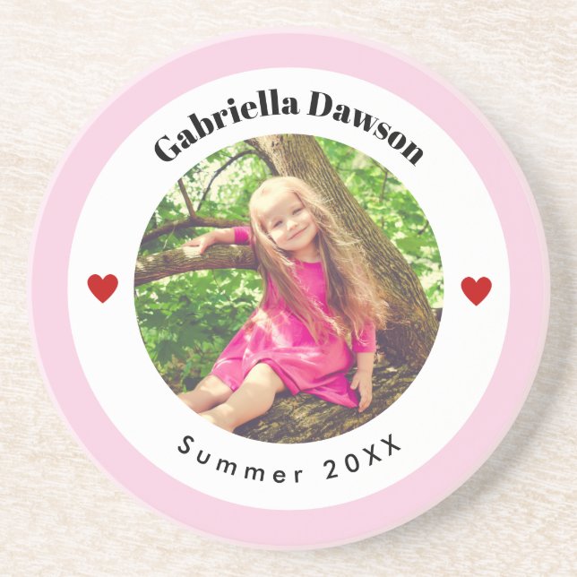 Personalized Photo in Baby Pink White Circle Heart Coaster (Front)