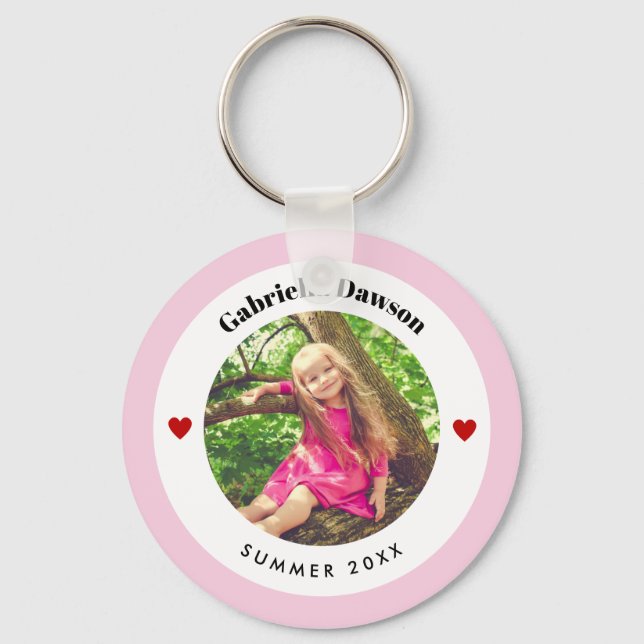 Personalized Photo in Baby Pink White Circle Heart Keychain (Front)