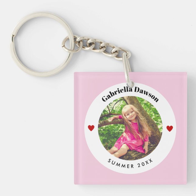 Personalized Photo in Baby Pink White Circle Heart Keychain (Front)