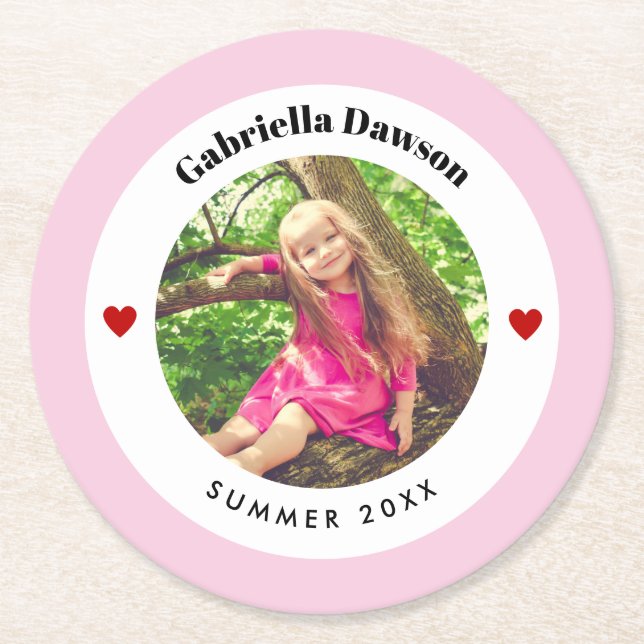 Personalized Photo in Baby Pink White Circle Heart Round Paper Coaster (Front)