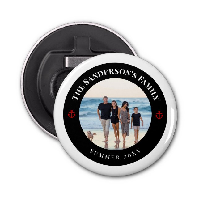 Personalized Photo in Black Circle with Red Anchor Bottle Opener (Front)