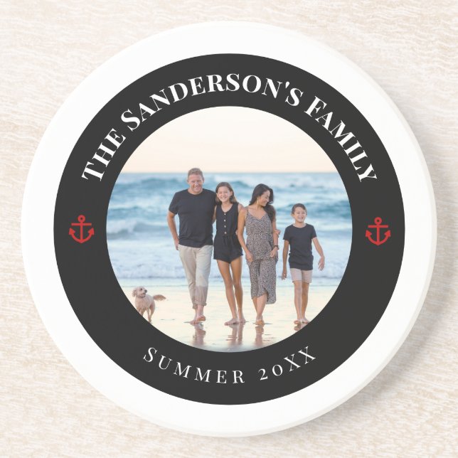 Personalized Photo in Black Circle with Red Anchor Coaster (Front)