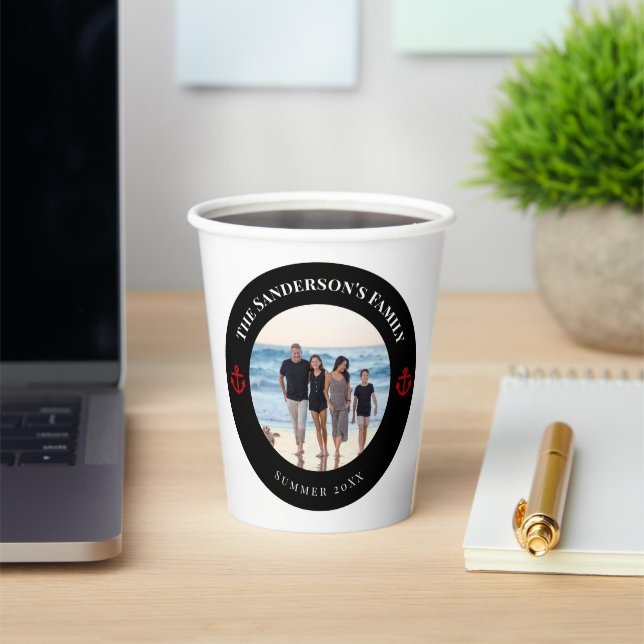 Personalized Photo in Black Circle with Red Anchor Paper Cups (Insitu)