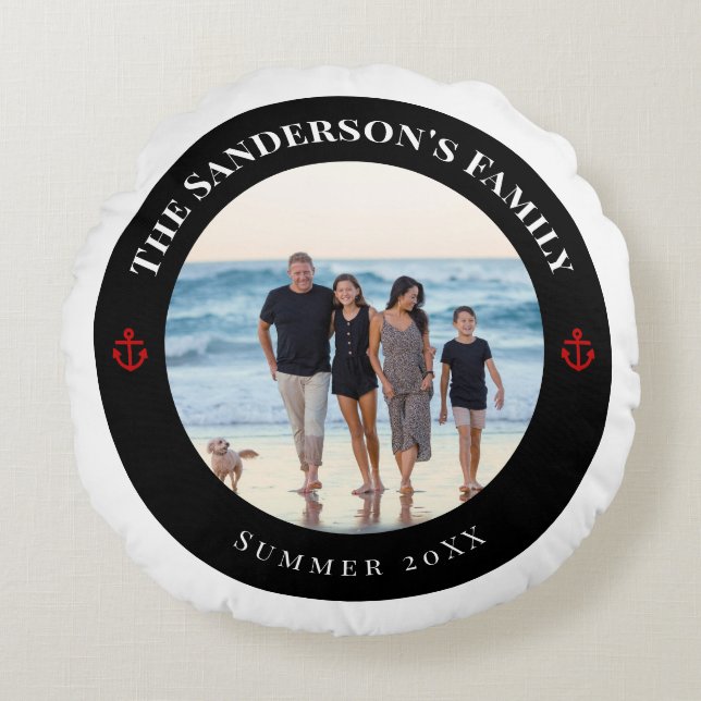 Personalized Photo in Black Circle with Red Anchor Round Pillow (Front)