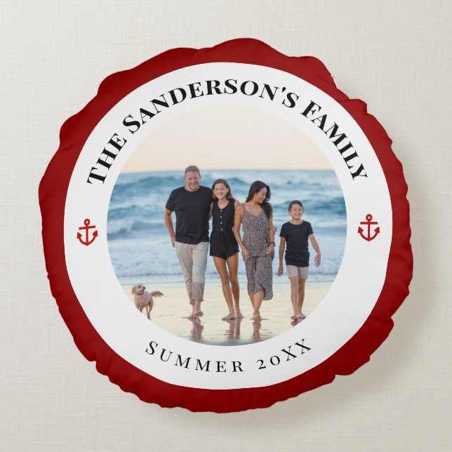 Personalized Photo in Black Circle with Red Anchor Round Pillow (Back)