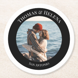 Personalized Photo in Black Circle with Texts Round Paper Coaster