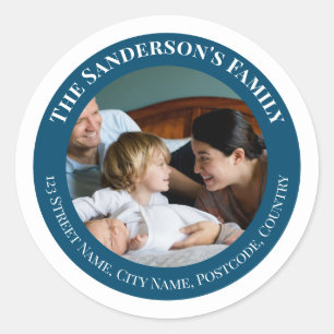 Personalized Photo in Turquoise Circle with Texts Classic Round Sticker