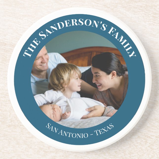 Personalized Photo in Turquoise Circle with Texts Coaster (Front)