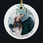Personalized Photo Keep Mistletoe  Ceramic Ornament<br><div class="desc">This romantic Christmas Ornament is decorated with watercolor mistletoe.
Easily customizable with your photo,  names and year.
Use the Design Tool to change the text size,  style,  or colour.
Because we create our artwork you won't find this exact image from other designers.
Original Watercolor © Michele Davies.</div>