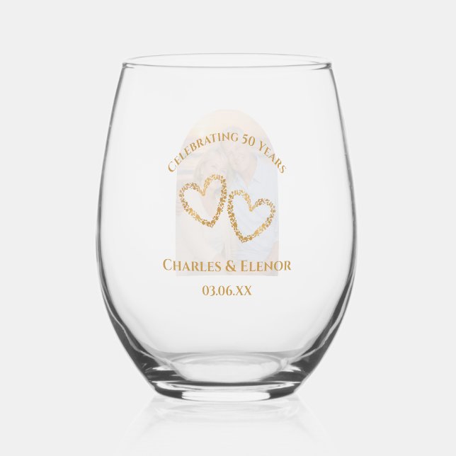 Personalized Photo Keepsake 50th Anniversary Gift Stemless Wine Glass (Back)