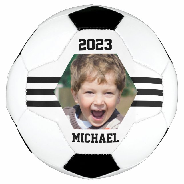 Personalized Photo Keepsake Black Stripes Soccer Ball (Front)