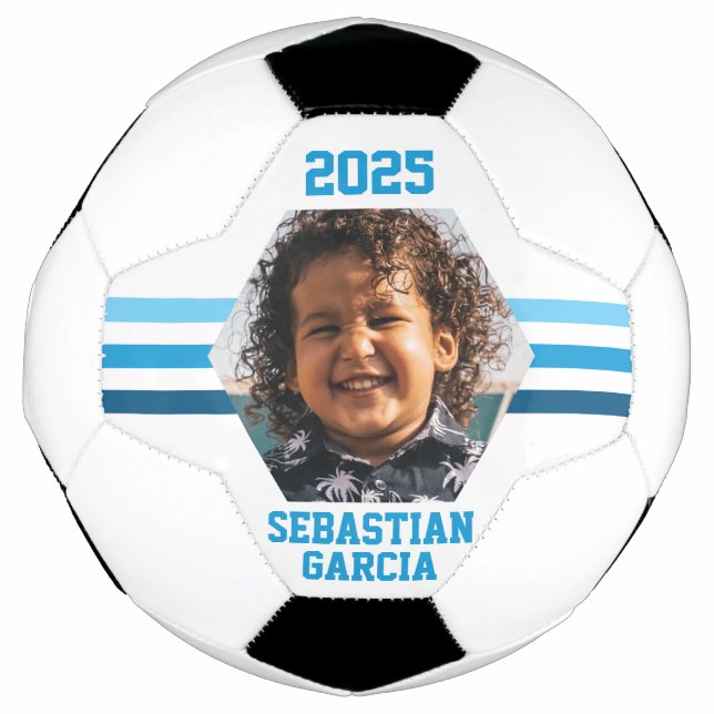 Personalized Photo Keepsake Multi Blue Stripes Soccer Ball (Front)