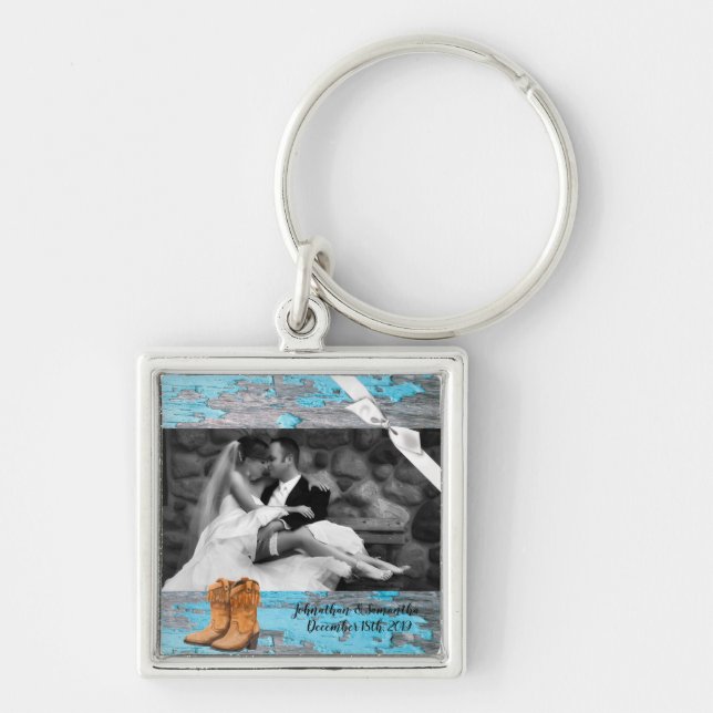 Personalized Photo Key Chain Blue Wood Barn Door B (Front)